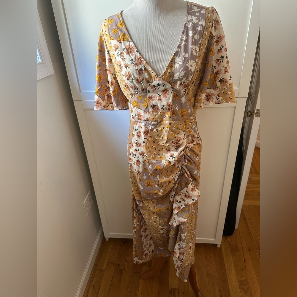 Floral Wrap style Dress in floral, Yellow and Cream
